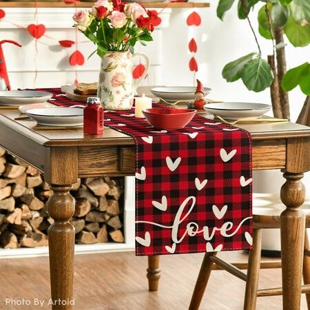 Red Black Buffalo Plaid Love Valentines Day Table Runner,Seasonal Anniversary Kitchen Dining Table Decoration for Home Party Decor 13x72 Inch