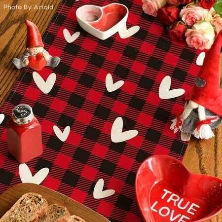 Red Black Buffalo Plaid Love Valentines Day Table Runner,Seasonal Anniversary Kitchen Dining Table Decoration for Home Party Decor 13x72 Inch