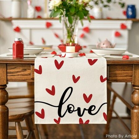 White Love Valentines Day Table Runner,Seasonal Anniversary Kitchen Dining Table Decoration for Indoor Home Party 13x72 Inch