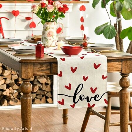 White Love Valentines Day Table Runner,Seasonal Anniversary Kitchen Dining Table Decoration for Indoor Home Party 13x72 Inch