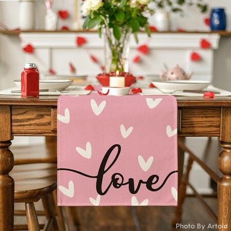 Pink Love Valentines Day Table Runner,Seasonal Kitchen Dining Table Decoration for Indoor Home Party 13x72 Inch