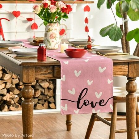 Pink Love Valentines Day Table Runner,Seasonal Kitchen Dining Table Decoration for Indoor Home Party 13x72 Inch