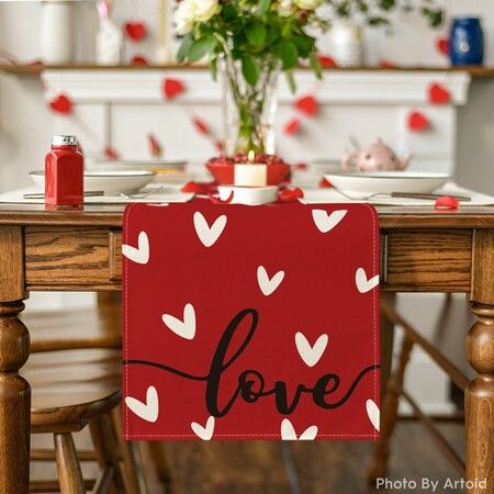 Red Love Valentines Day Table Runner,Seasonal Anniversary Kitchen Dining Table Decoration for Indoor Home Party 13x72 Inch