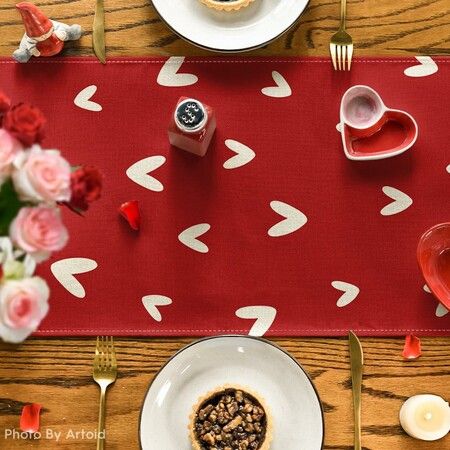 Red Love Valentines Day Table Runner,Seasonal Anniversary Kitchen Dining Table Decoration for Indoor Home Party 13x72 Inch