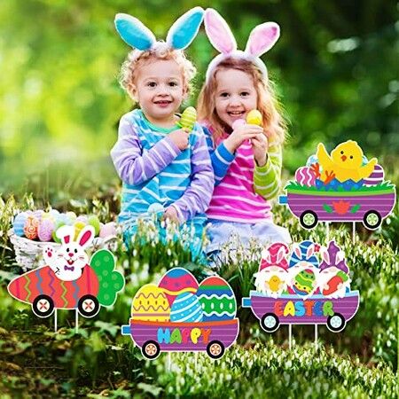 4 Pcs Easter Yard  Easter Yard Decorations Outdoor Train Easter Lawn Signs Bunny Carrot Gnomes Chick  Lawn