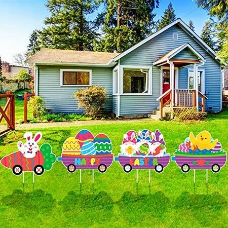 4 Pcs Easter Yard  Easter Yard Decorations Outdoor Train Easter Lawn Signs Bunny Carrot Gnomes Chick  Lawn