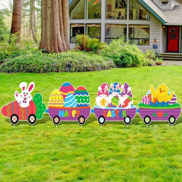 4 Pcs Easter Yard  Easter Yard Decorations Outdoor Train Easter Lawn Signs Bunny Carrot Gnomes Chick  Lawn