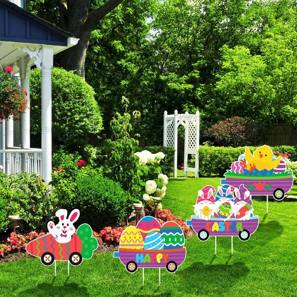 4 Pcs Easter Yard  Easter Yard Decorations Outdoor Train Easter Lawn Signs Bunny Carrot Gnomes Chick  Lawn