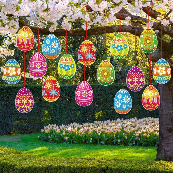 16 Pieces Easter Egg Outdoor Hanging Ornaments Decorations Happy Easter Hanging Porch & Tree Yard Lawn Decor - Double-Side Printed