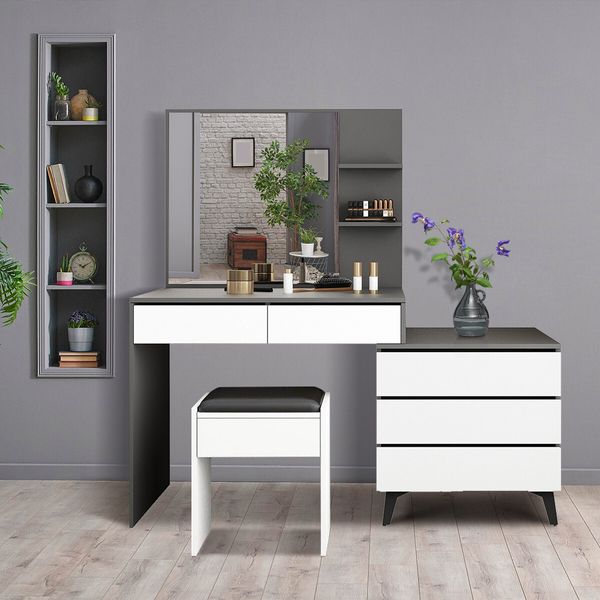 Dressing Table Set Makeup Vanity Mirrored Drawers Storage Grey Dresser Stool Modern Wooden Furniture Adjustable