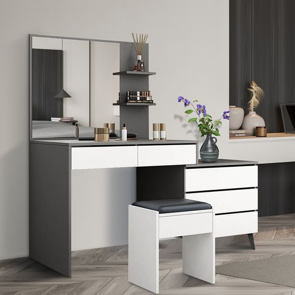 Dressing Table Set Makeup Vanity Mirrored Drawers Storage Grey Dresser Stool Modern Wooden Furniture Adjustable