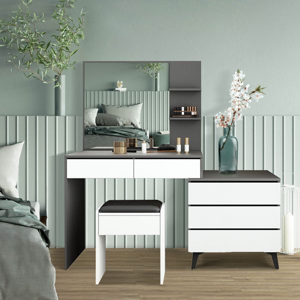 Dressing Table Set Makeup Vanity Mirrored Drawers Storage Grey Dresser Stool Modern Wooden Furniture Adjustable