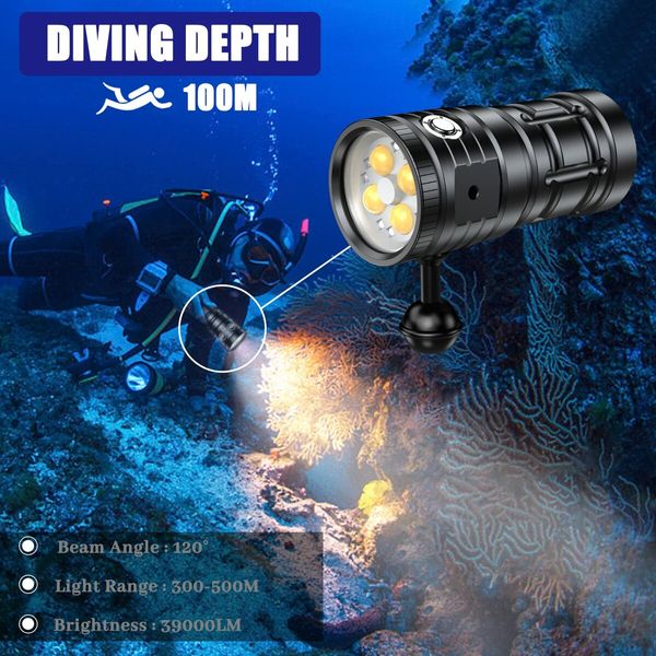 Dive Light for Underwater Photography 39000 Lumens Super Bright Diving Flashlight,100M Waterproof Underwater Video Light with Type-C Charging