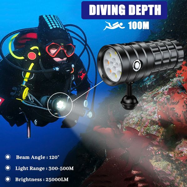 Dive Light for Underwater Photography 25000Lumens Super Bright Diving Flashlight, 100M Waterproof Underwater Video Light with Type-C Charging