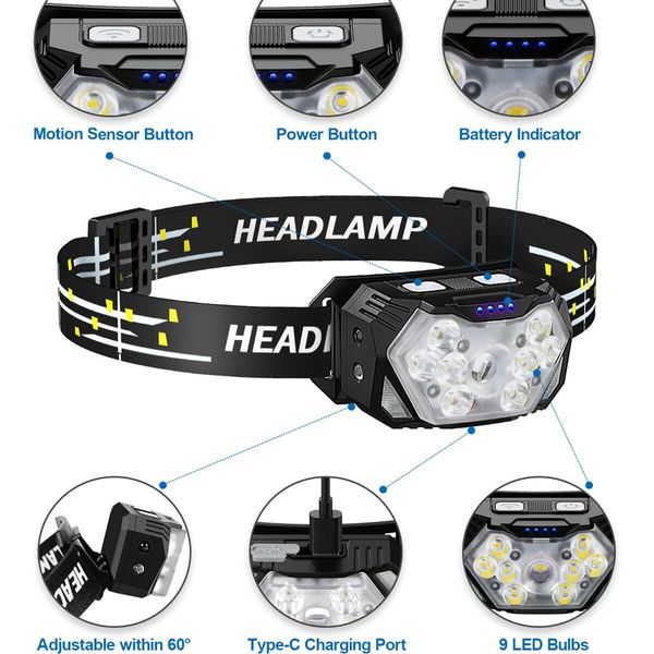 9 LED Headlamp Rechargeable Adjustable  Headlight Motion Sensor Head Lamp Flashlight with White Red Light for Outdoor Hiking-2 Pack