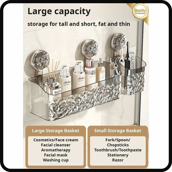 Suction Cup Shelf  Suction Cup Wall Mounted Shower Storage Rack for Bathroom, No Drilling, Large Capacity (Grey,L double layer)