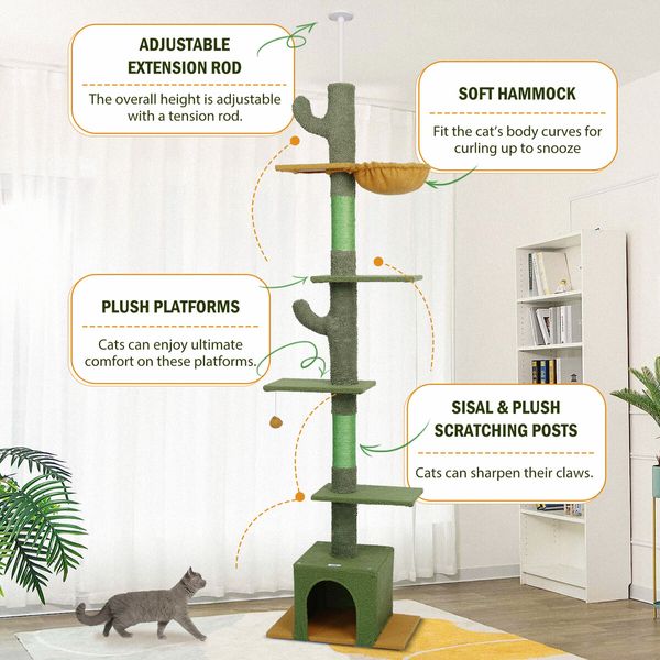 Cat Tree Kitty Tower Scratching Post Bed Sisal Scratcher House Stand Cave Floor to Ceiling Furniture Hammock Platforms 229-275cm