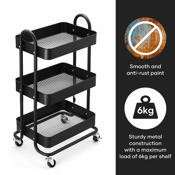 3 Tier Storage Cart Rolling Utility Trolley Metal Tool Kitchen Wheeled Trolly Living Bath Room Salon Beauty Shelf Organizer Lockable with Wheels