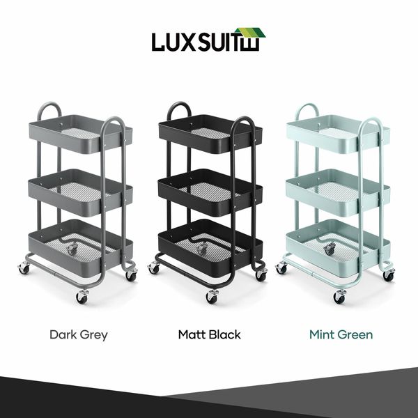 3 Tier Storage Cart Rolling Utility Trolley Metal Tool Kitchen Wheeled Trolly Living Bath Room Salon Beauty Shelf Organizer Lockable with Wheels