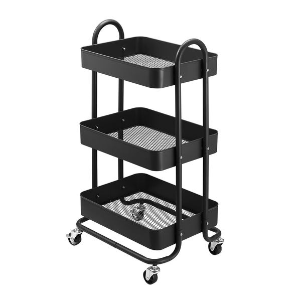 3 Tier Storage Cart Rolling Utility Trolley Metal Tool Kitchen Wheeled Trolly Living Bath Room Salon Beauty Shelf Organizer Lockable with Wheels