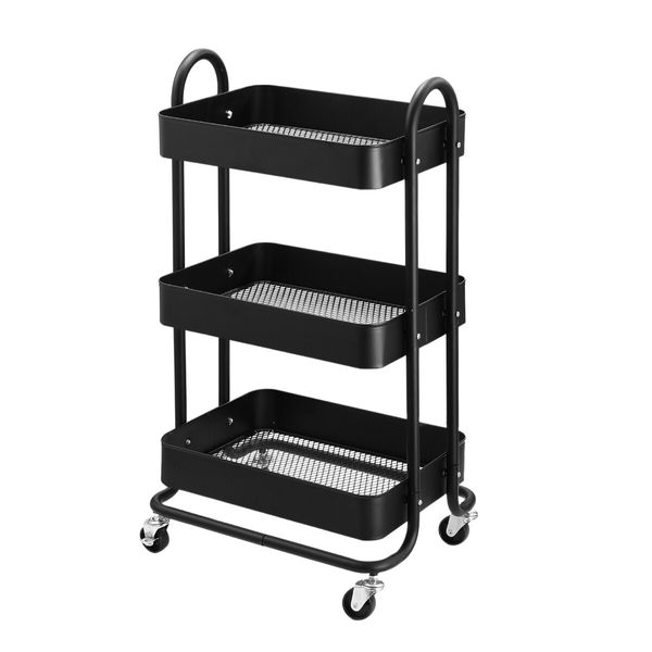 3 Tier Storage Cart Rolling Utility Trolley Metal Tool Kitchen Wheeled Trolly Living Bath Room Salon Beauty Shelf Organizer Lockable with Wheels