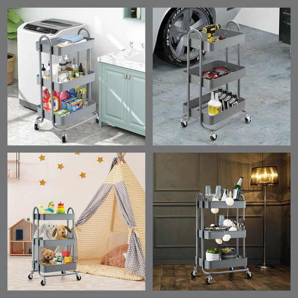 3 Tier Storage Cart Utility Tool Kitchen Rolling Trolley Metal Wheeled Trolly Bath Living Room Salon Beauty Shelf Organizer Lockable with Wheels