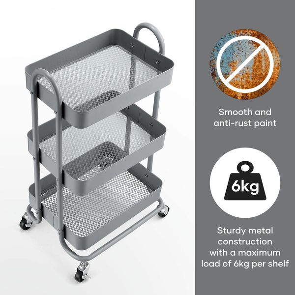 3 Tier Storage Cart Utility Tool Kitchen Rolling Trolley Metal Wheeled Trolly Bath Living Room Salon Beauty Shelf Organizer Lockable with Wheels