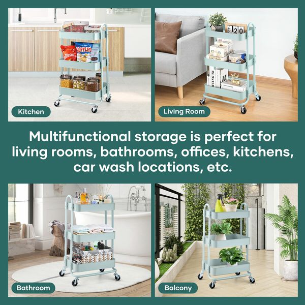 3 Tier Utility Cart Storage Rolling Trolley Tool Kitchen Wheeled Trolly Metal Shelf Living Bath Room Salon Beauty Organizer Lockable with Wheels