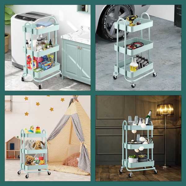 3 Tier Utility Cart Storage Rolling Trolley Tool Kitchen Wheeled Trolly Metal Shelf Living Bath Room Salon Beauty Organizer Lockable with Wheels