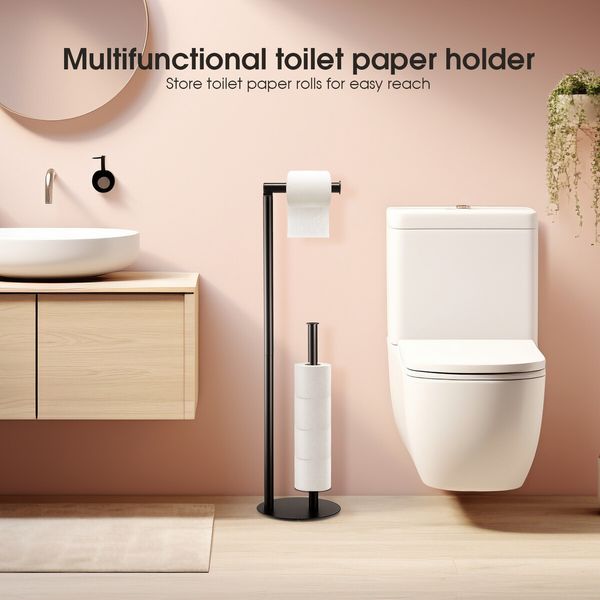 Free Standing Toilet Paper Holder Bathroom Organiser Spare Tissue Roll Storage Reserve Floor Stand Pole Dispenser RV Home Decor 65.5cm Black