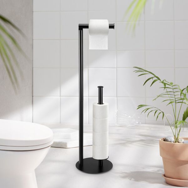 Free Standing Toilet Paper Holder Bathroom Organiser Spare Tissue Roll Storage Reserve Floor Stand Pole Dispenser RV Home Decor 65.5cm Black