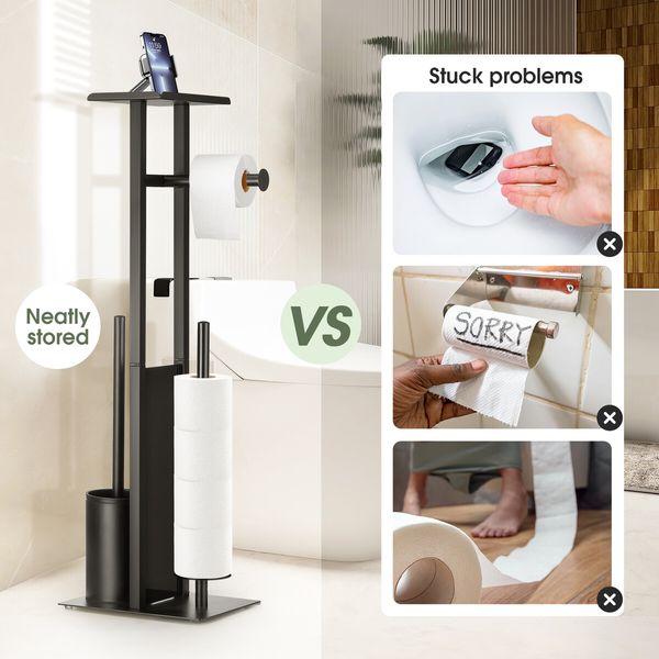 Toilet Paper Roll Holder with Brush Phone Shelf Free Standing Tissue Storage Dispenser Bathroom Organiser Reserve Floor Stand Home Decor 67cm Black