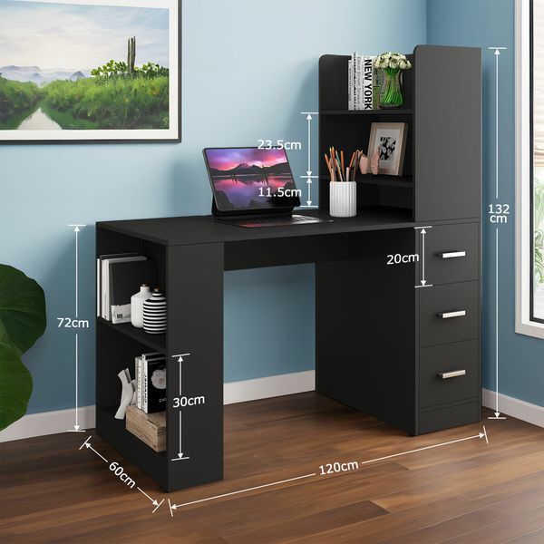 Desk Hutch Home Office Study Gamer Writing Table 120cm Wooden Laptop Workstation Storage with Drawers Bookshelf Black