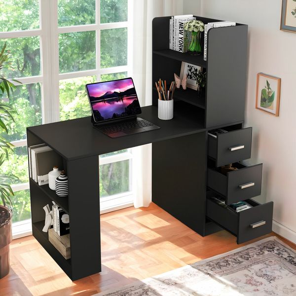 Desk Hutch Home Office Study Gamer Writing Table 120cm Wooden Laptop Workstation Storage with Drawers Bookshelf Black