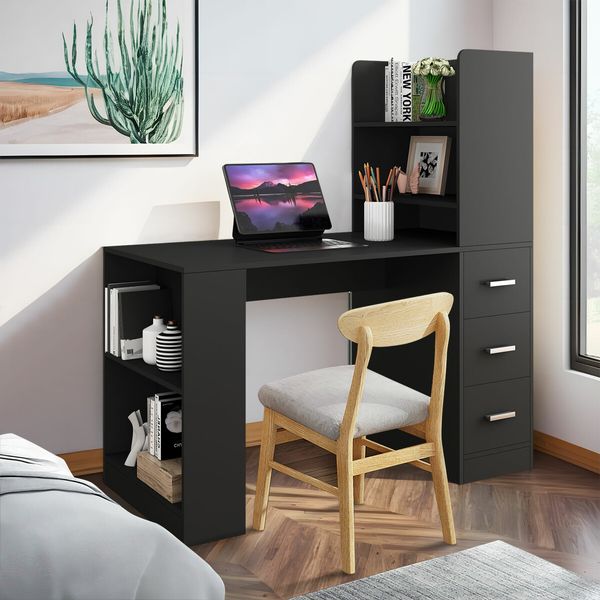 Desk Hutch Home Office Study Gamer Writing Table 120cm Wooden Laptop Workstation Storage with Drawers Bookshelf Black