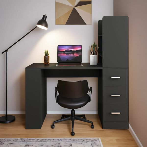 Desk Hutch Home Office Study Gamer Writing Table 120cm Wooden Laptop Workstation Storage with Drawers Bookshelf Black