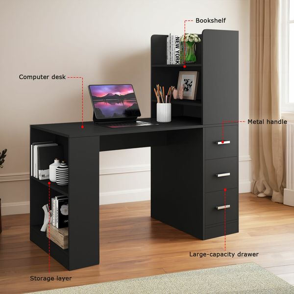 Desk Hutch Home Office Study Gamer Writing Table 120cm Wooden Laptop Workstation Storage with Drawers Bookshelf Black