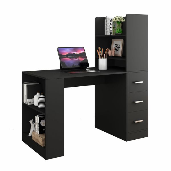 Desk Hutch Home Office Study Gamer Writing Table 120cm Wooden Laptop Workstation Storage with Drawers Bookshelf Black