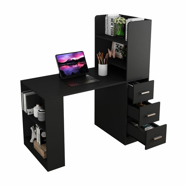 Desk Hutch Home Office Study Gamer Writing Table 120cm Wooden Laptop Workstation Storage with Drawers Bookshelf Black