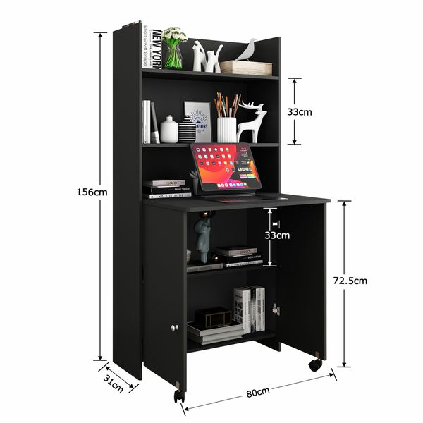 Folding Computer Desk with 5 Tier Wooden Bookshelf Writing Storage Furniture Bookcase Organiser Shelving Unit with 2 Wheels