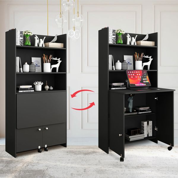 Folding Computer Desk with 5 Tier Wooden Bookshelf Writing Storage Furniture Bookcase Organiser Shelving Unit with 2 Wheels