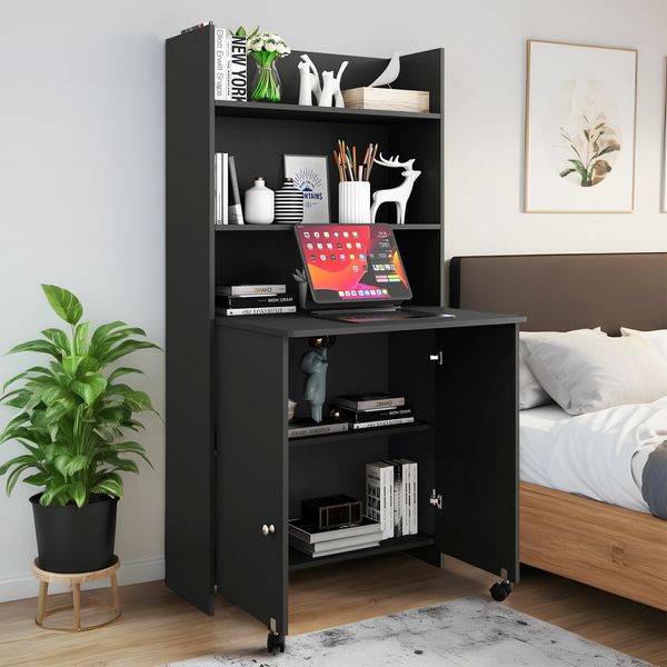 Folding Computer Desk with 5 Tier Wooden Bookshelf Writing Storage Furniture Bookcase Organiser Shelving Unit with 2 Wheels