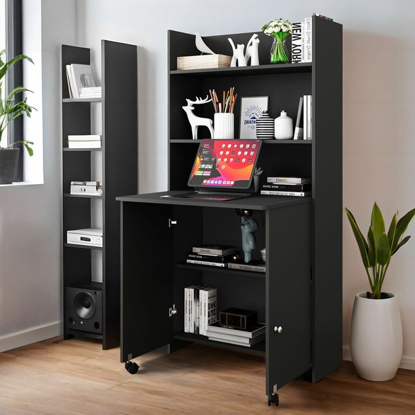 Folding Computer Desk with 5 Tier Wooden Bookshelf Writing Storage Furniture Bookcase Organiser Shelving Unit with 2 Wheels