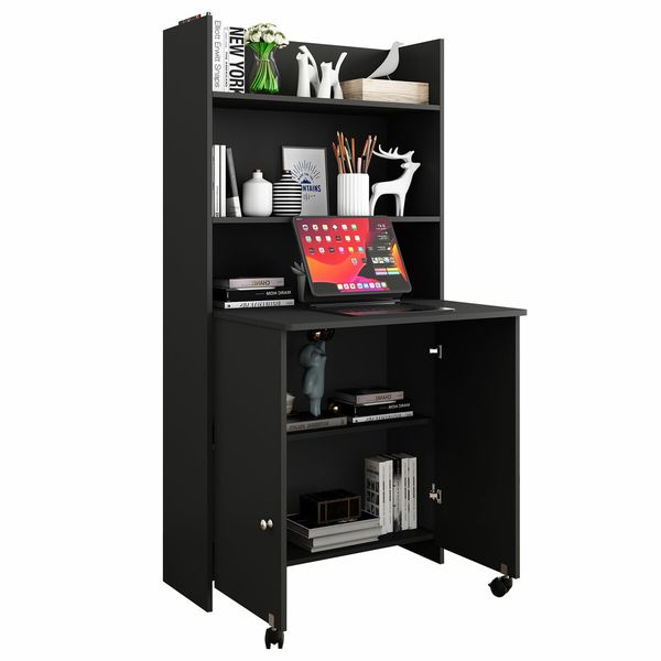 Folding Computer Desk with 5 Tier Wooden Bookshelf Writing Storage Furniture Bookcase Organiser Shelving Unit with 2 Wheels