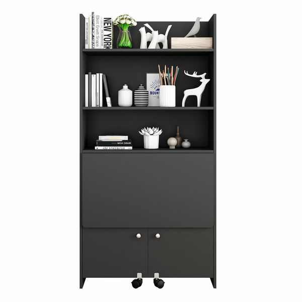 Folding Computer Desk with 5 Tier Wooden Bookshelf Writing Storage Furniture Bookcase Organiser Shelving Unit with 2 Wheels