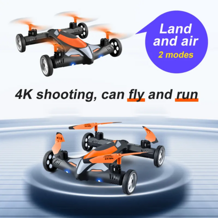 2 in 1 Stunt Roll Aerial Photography FPV Drone WIFI 4K HD Camera Land and Air Fighting RC Quadcopter-Blue