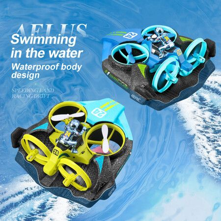 3 In 1 Remote Control Plane, Air Flight/ Driving On Land/Water Driving Waterproof Quadcopter RC Toy-Blue