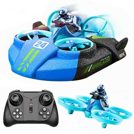 3 In 1 Remote Control Plane, Air Flight/ Driving On Land/Water Driving Waterproof Quadcopter RC Toy-Blue