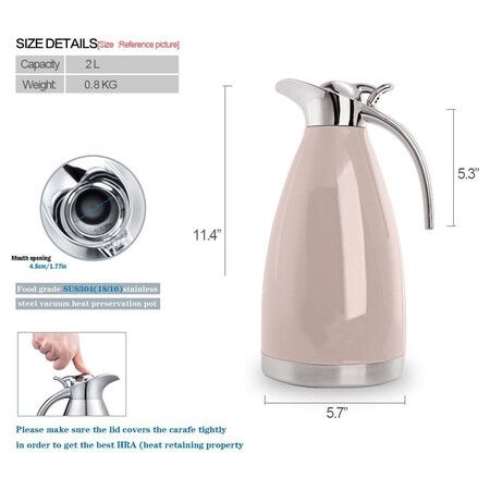 Stainless Steel Thermal Carafe – Double Wall Vacuum Insulated Thermos/Pitcher with Lid – Heat and Cold Retention Coffee/Tea Carafe – 2 Liter (Pink)