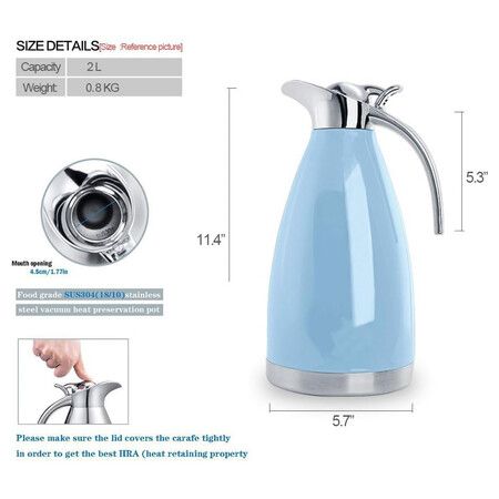 Stainless Steel Thermal Carafe – Double Wall Vacuum Insulated Thermos/Pitcher with Lid – Heat and Cold Retention Coffee/Tea Carafe – 2 Liter (Blue)